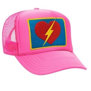 NWOT Aviator Nation Vintage Bolt Heart Trucker Hat (Unisex, One Size, Neon Pink)